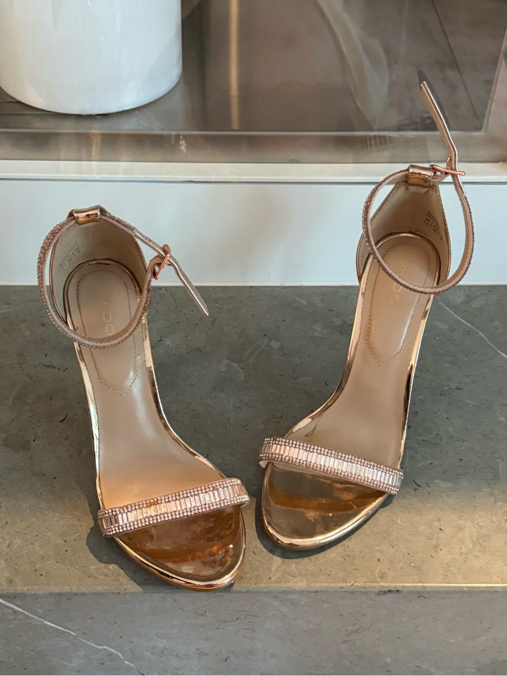 Aldo Rose Gold Metallic Ankle-Strap Heels